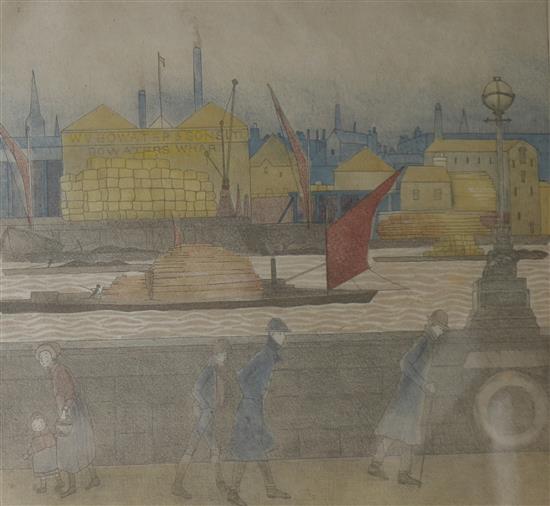 Marian Ellis, coloured print, On the Thames Embankment, signed and dated 1920, 25 x 26cm